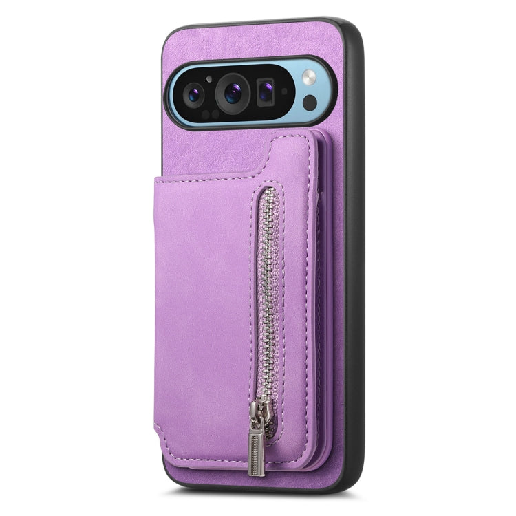 For Google Pixel 9 / 9 Pro Retro MagSafe Zipper Wallet Card Bag Back Phone Case(Purple)