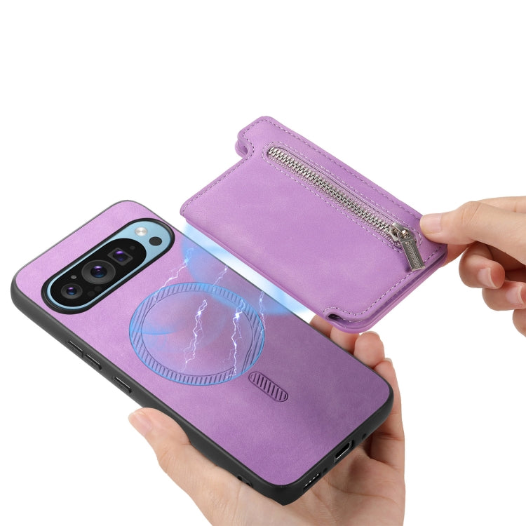 For Google Pixel 9 / 9 Pro Retro MagSafe Zipper Wallet Card Bag Back Phone Case(Purple)