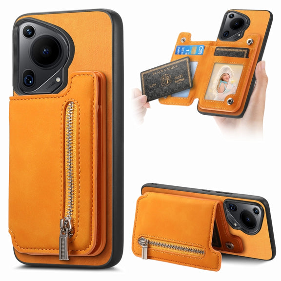 For Huawei Pura 70 Ultra Retro MagSafe Zipper Wallet Card Bag Back Phone Case(Yellow)