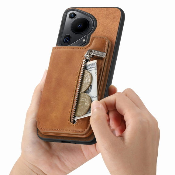 For Huawei Pura 70 Ultra Retro MagSafe Zipper Wallet Card Bag Back Phone Case(Brown)