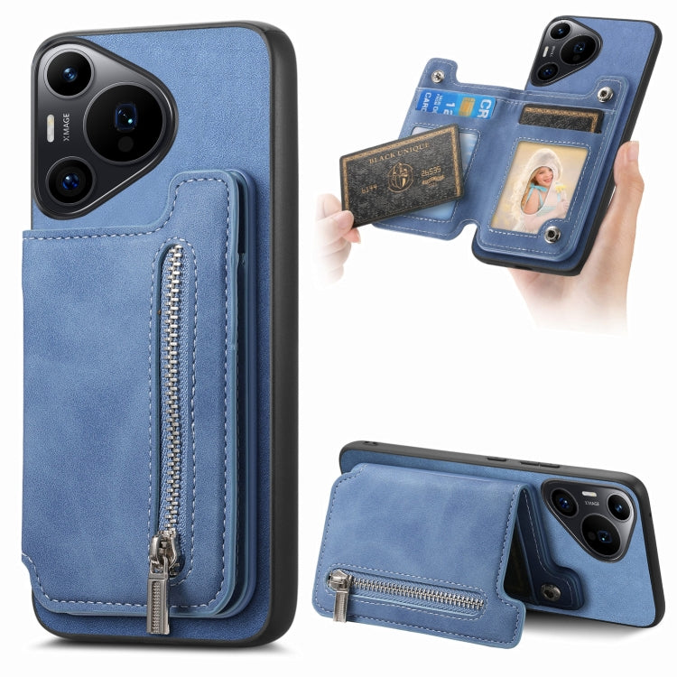 For Huawei Pura 70 Pro Retro MagSafe Zipper Wallet Card Bag Back Phone Case(Blue) - free shipping - PMC Jewellery - Order now!