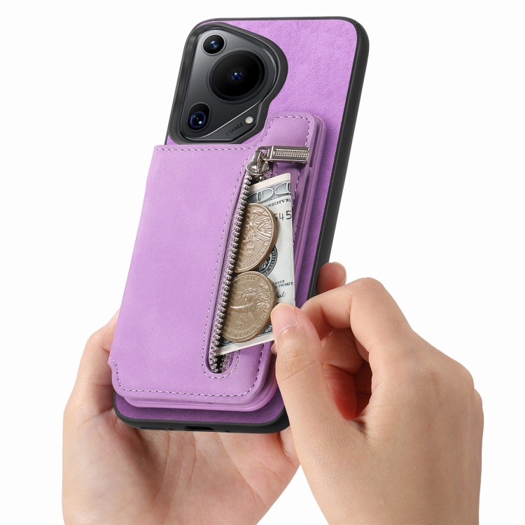 For Huawei Pura 70 Retro MagSafe Zipper Wallet Card Bag Back Phone Case(Purple) - Huawei Cases by PMC Jewellery | Online Shopping South Africa | PMC Jewellery | Buy Now Pay Later Mobicred