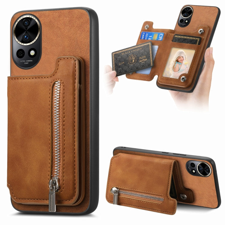 For Huawei nova 12 / 13 Retro MagSafe Zipper Wallet Card Bag Back Phone Case(Brown) - Huawei Cases by PMC TechLife | Online Shopping South Africa | PMC TechLife | Buy Now Pay Later Mobicred