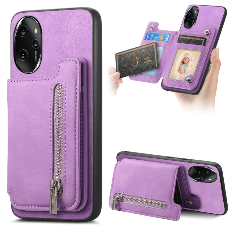 For Honor 100 Pro Retro MagSafe Zipper Wallet Card Bag Back Phone Case(Purple) - Honor Cases by PMC TechLife | Online Shopping South Africa | PMC TechLife | Buy Now Pay Later Mobicred