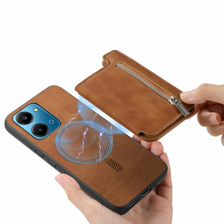 For Honor X50i+ Retro MagSafe Zipper Wallet Card Bag Back Phone Case(Brown)