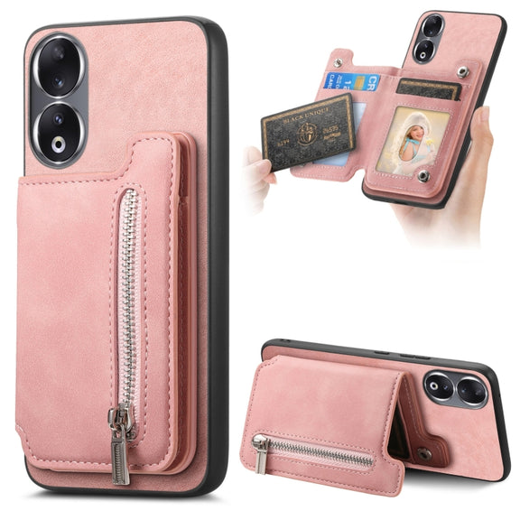 For Honor 90 Retro MagSafe Zipper Wallet Card Bag Back Phone Case(Pink)