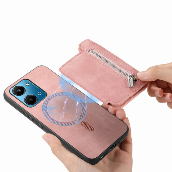 For Honor 90 Retro MagSafe Zipper Wallet Card Bag Back Phone Case(Pink)