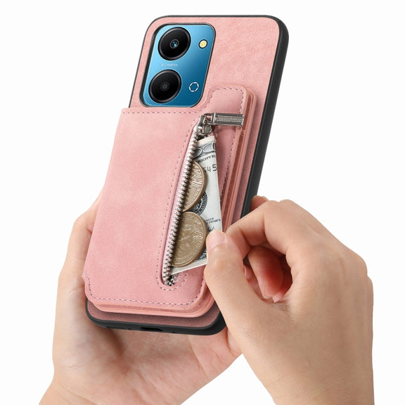 For Honor X50i Retro MagSafe Zipper Wallet Card Bag Back Phone Case(Pink)