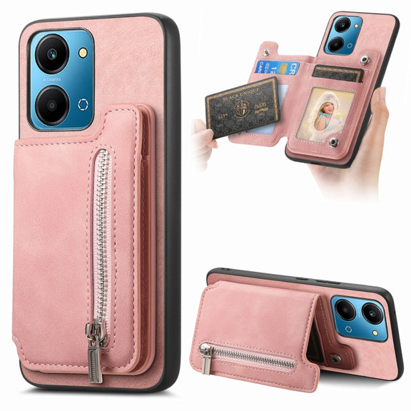 For Honor Play 7T / X7a Retro MagSafe Zipper Wallet Card Bag Back Phone Case(Pink)