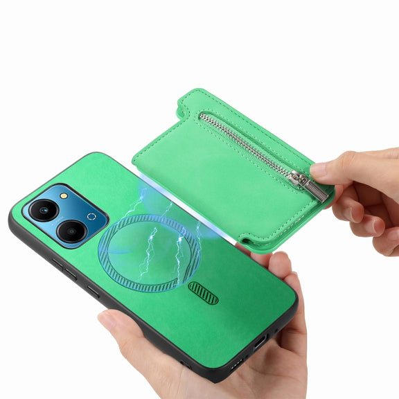 For Honor Play 7T / X7a Retro MagSafe Zipper Wallet Card Bag Back Phone Case(Green)