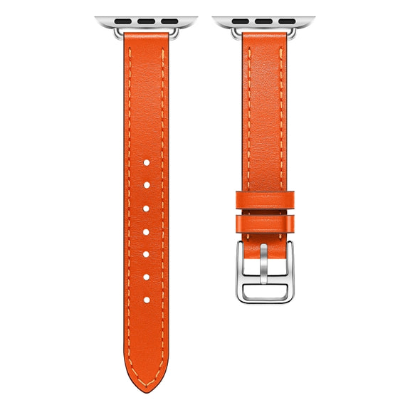 For Apple Watch 46mm / 49mm / 45mm / 44mm Classic Connector Buckle Slim Cow Real Leather Watch Band(Orange)