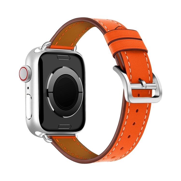 For Apple Watch 46mm / 49mm / 45mm / 44mm Classic Connector Buckle Slim Cow Real Leather Watch Band(Orange)