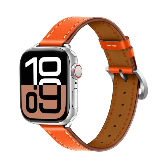 For Apple Watch 46mm / 49mm / 45mm / 44mm Classic Connector Buckle Slim Cow Real Leather Watch Band(Orange)