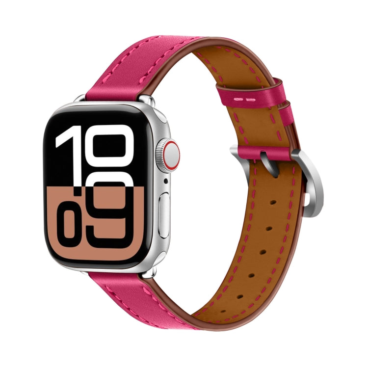 For Apple Watch 46mm / 49mm / 45mm / 44mm Classic Connector Buckle Slim Cow Real Leather Watch Band(Rose Red) - Watch Bands by PMC TechLife | Online Shopping South Africa | PMC TechLife | Buy Now Pay Later Mobicred