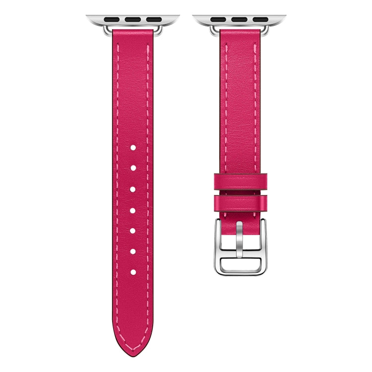 For Apple Watch 46mm / 49mm / 45mm / 44mm Classic Connector Buckle Slim Cow Real Leather Watch Band(Rose Red)