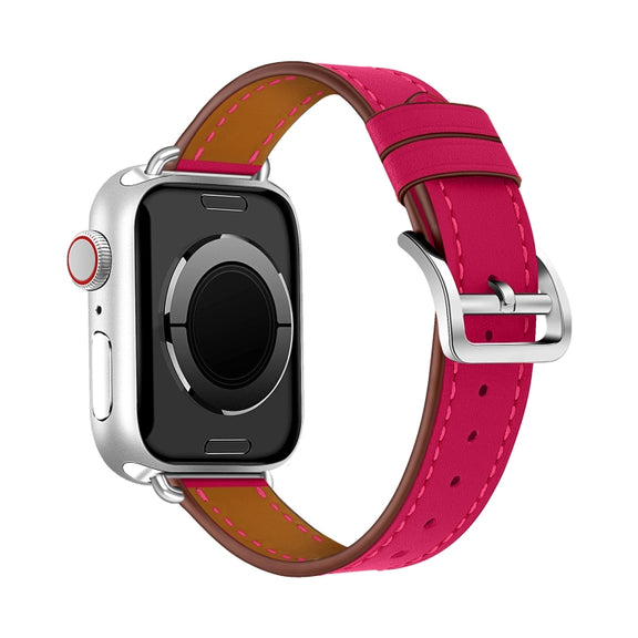 For Apple Watch 46mm / 49mm / 45mm / 44mm Classic Connector Buckle Slim Cow Real Leather Watch Band(Rose Red)
