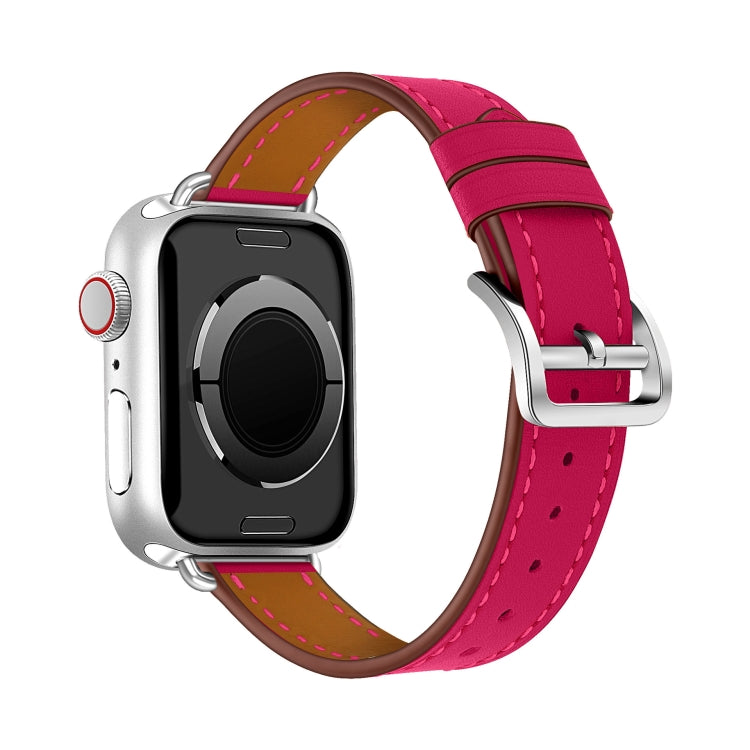 For Apple Watch 46mm / 49mm / 45mm / 44mm Classic Connector Buckle Slim Cow Real Leather Watch Band(Rose Red)