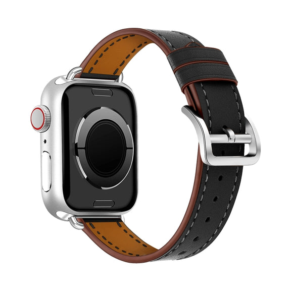 For Apple Watch 46mm / 49mm / 45mm / 44mm Classic Connector Buckle Slim Cow Real Leather Watch Band(Black)