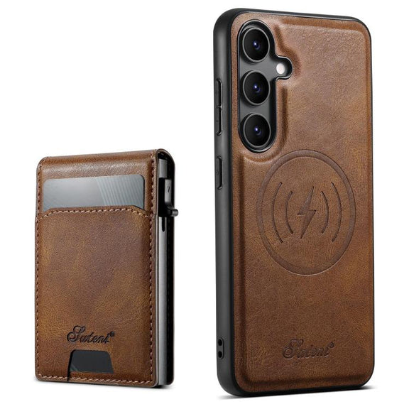 For Samsung Galaxy S25+ 5G Suteni H19 Oil Wax 2-in-1 MagSafe Removable Card Box Back Phone Case(Brown)