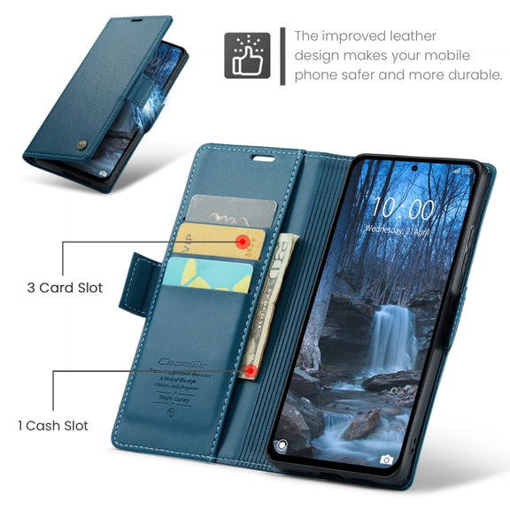 For Redmi Note 14 5G CaseMe 023 Butterfly Buckle Litchi Texture RFID Anti-theft Leather Phone Case(Blue)