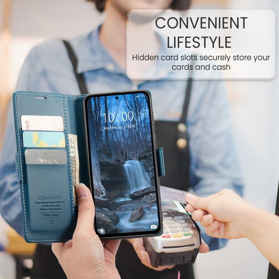 For Redmi Note 14 5G CaseMe 023 Butterfly Buckle Litchi Texture RFID Anti-theft Leather Phone Case(Blue)
