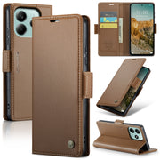 For Redmi Note 14 5G CaseMe 023 Butterfly Buckle Litchi Texture RFID Anti-theft Leather Phone Case(Brown)