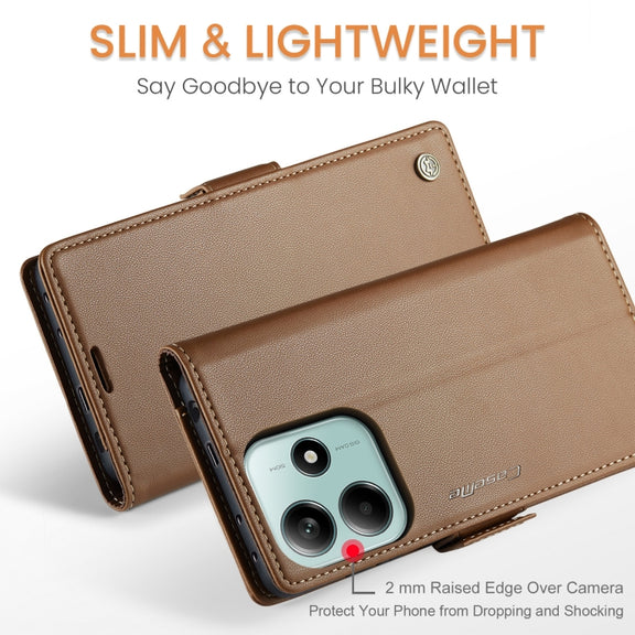 For Redmi Note 14 5G CaseMe 023 Butterfly Buckle Litchi Texture RFID Anti-theft Leather Phone Case(Brown)
