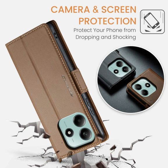 For Redmi Note 14 5G CaseMe 023 Butterfly Buckle Litchi Texture RFID Anti-theft Leather Phone Case(Brown)