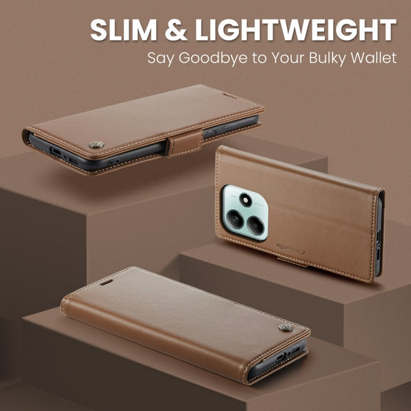 For Redmi Note 14 5G CaseMe 023 Butterfly Buckle Litchi Texture RFID Anti-theft Leather Phone Case(Brown)