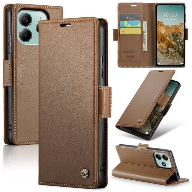 For Redmi Note 14 5G CaseMe 023 Butterfly Buckle Litchi Texture RFID Anti-theft Leather Phone Case(Brown)