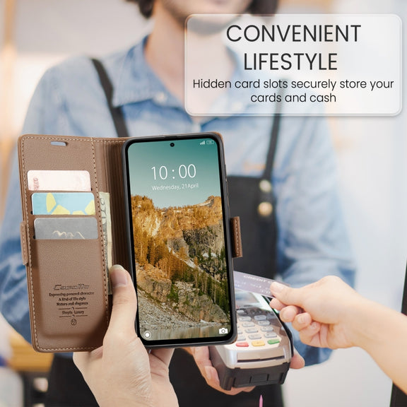 For Redmi Note 14 5G CaseMe 023 Butterfly Buckle Litchi Texture RFID Anti-theft Leather Phone Case(Brown)