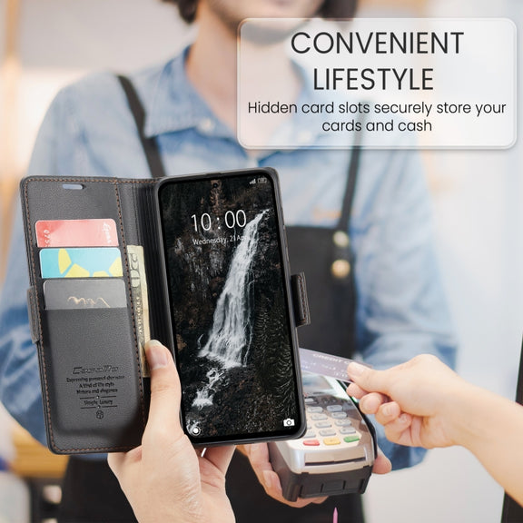 For Redmi Note 14 5G CaseMe 023 Butterfly Buckle Litchi Texture RFID Anti-theft Leather Phone Case(Black)