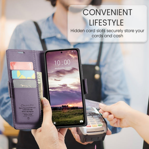 For Redmi Note 14 5G CaseMe 023 Butterfly Buckle Litchi Texture RFID Anti-theft Leather Phone Case(Purple)