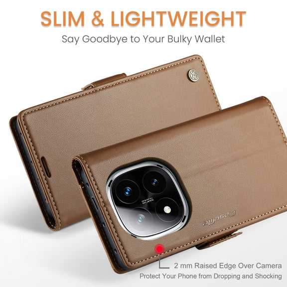 For Redmi Note 14 Pro 5G CaseMe 023 Butterfly Buckle Litchi Texture RFID Anti-theft Leather Phone Case(Brown)