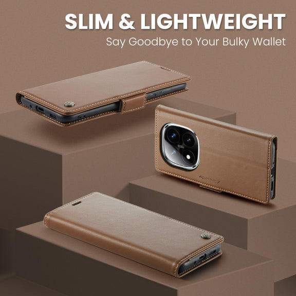 For Redmi Note 14 Pro 5G CaseMe 023 Butterfly Buckle Litchi Texture RFID Anti-theft Leather Phone Case(Brown)
