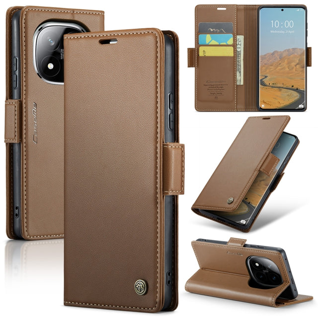 For Redmi Note 14 Pro 5G CaseMe 023 Butterfly Buckle Litchi Texture RFID Anti-theft Leather Phone Case(Brown)