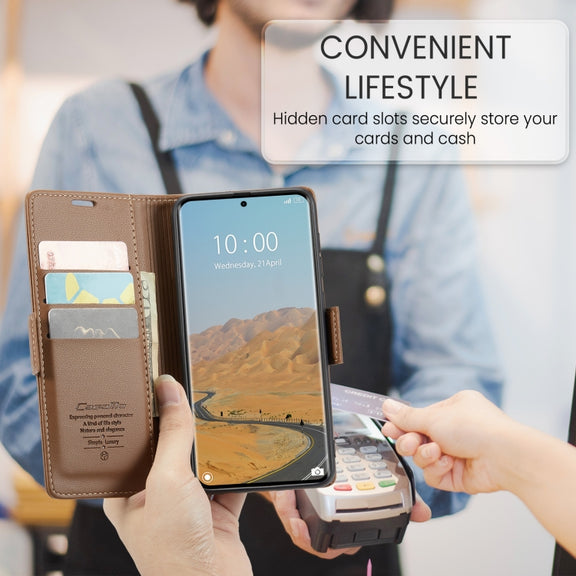For Redmi Note 14 Pro 5G CaseMe 023 Butterfly Buckle Litchi Texture RFID Anti-theft Leather Phone Case(Brown)
