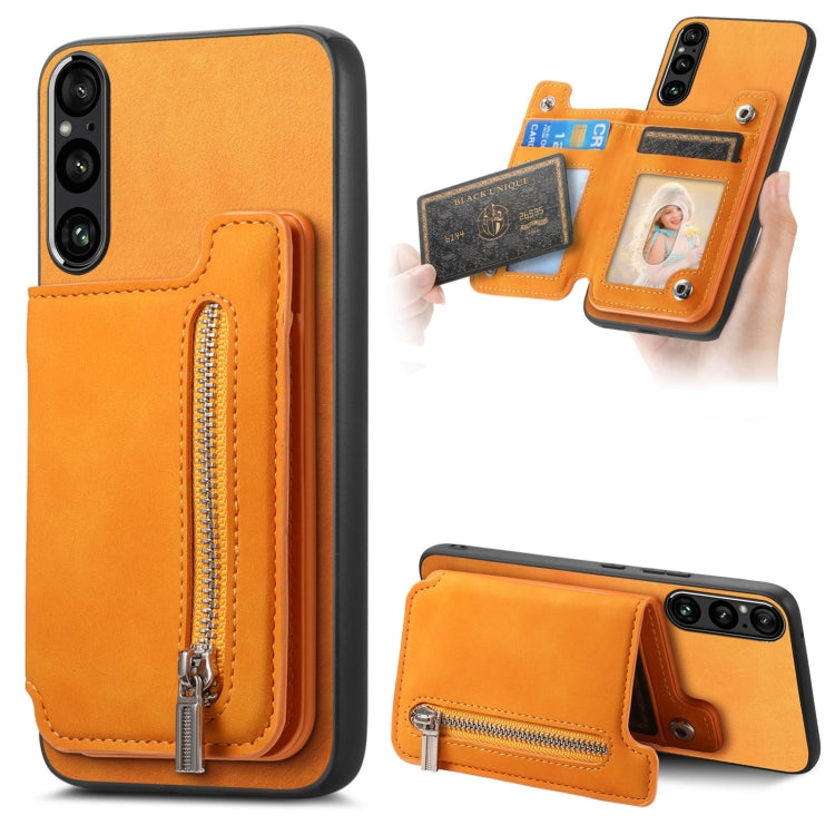 For Sony Xperia 1 VI Retro MagSafe Zipper Wallet Card Bag Back Phone Case(Yellow) - Sony Cases by PMC TechLife | Online Shopping South Africa | PMC TechLife | Buy Now Pay Later Mobicred