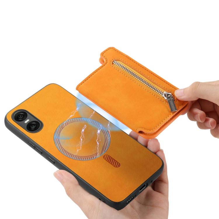 For Sony Xperia 1 VI Retro MagSafe Zipper Wallet Card Bag Back Phone Case(Yellow)