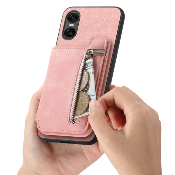 For Sony Xperia 1 VI Retro MagSafe Zipper Wallet Card Bag Back Phone Case(Pink)