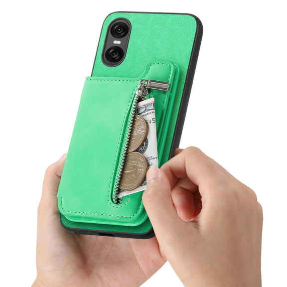 For Sony Xperia 1 VI Retro MagSafe Zipper Wallet Card Bag Back Phone Case(Green)