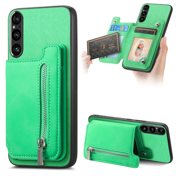 For Sony Xperia 1 VI Retro MagSafe Zipper Wallet Card Bag Back Phone Case(Green)