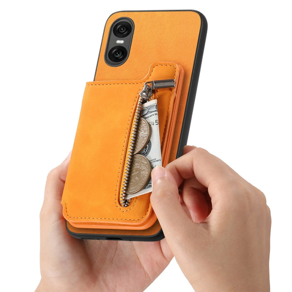 For Sony Xperia 10 VI Retro MagSafe Zipper Wallet Card Bag Back Phone Case(Yellow)