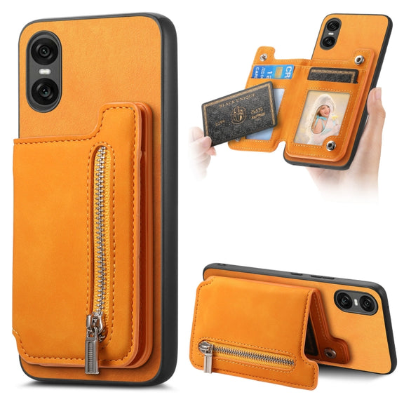 For Sony Xperia 10 VI Retro MagSafe Zipper Wallet Card Bag Back Phone Case(Yellow)