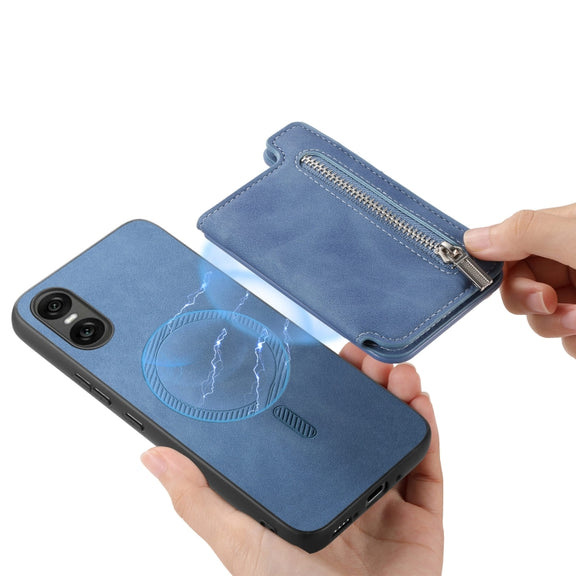 For Sony Xperia 10 VI Retro MagSafe Zipper Wallet Card Bag Back Phone Case(Blue)
