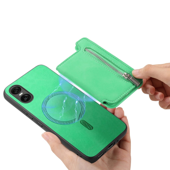 For Sony Xperia 10 VI Retro MagSafe Zipper Wallet Card Bag Back Phone Case(Green)