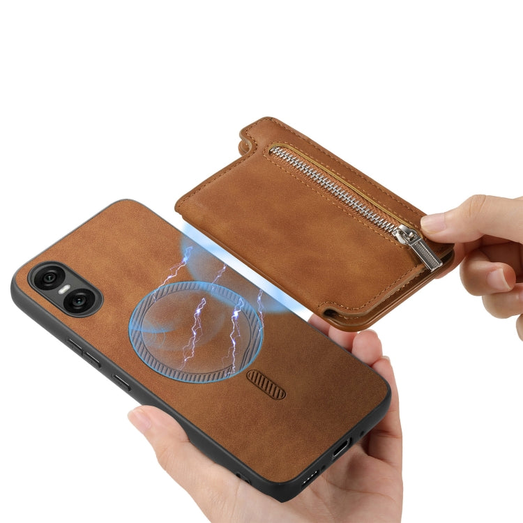 For Sony Xperia 10 VI Retro MagSafe Zipper Wallet Card Bag Back Phone Case(Brown)