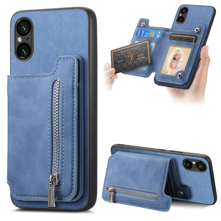 For Sony Xperia 5 V Retro MagSafe Zipper Wallet Card Bag Back Phone Case(Blue) - Sony Cases by PMC TechLife | Online Shopping South Africa | PMC TechLife | Buy Now Pay Later Mobicred