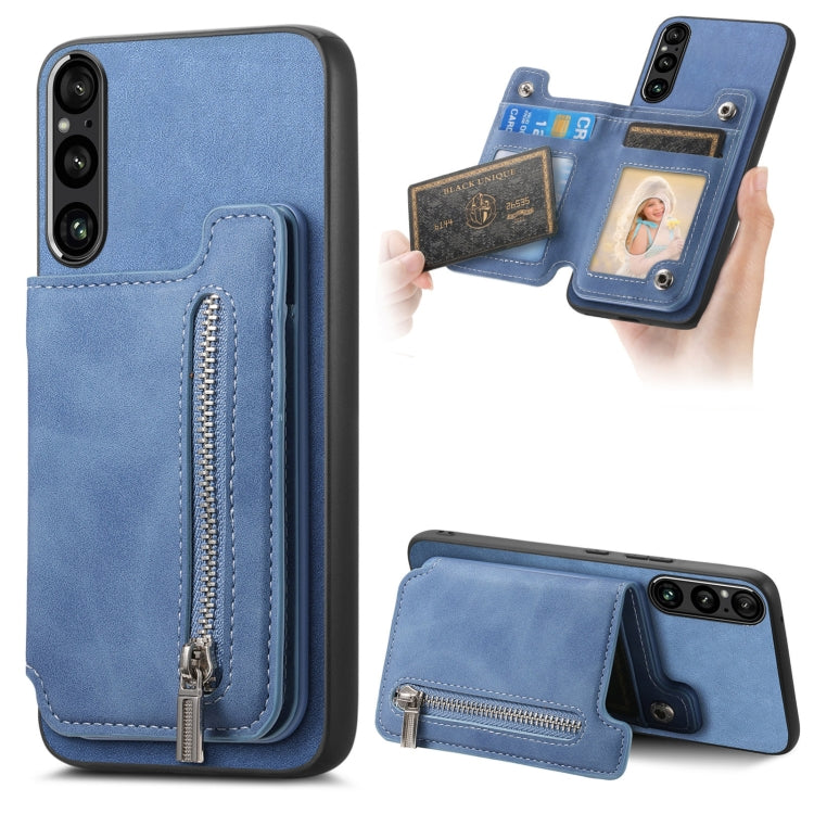 For Sony Xperia 1 V Retro MagSafe Zipper Wallet Card Bag Back Phone Case(Blue) - Sony Cases by PMC TechLife | Online Shopping South Africa | PMC TechLife | Buy Now Pay Later Mobicred