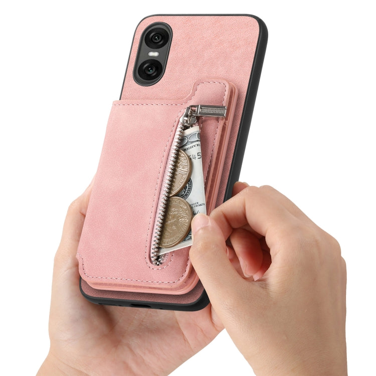 For Sony Xperia 1 V Retro MagSafe Zipper Wallet Card Bag Back Phone Case(Pink)